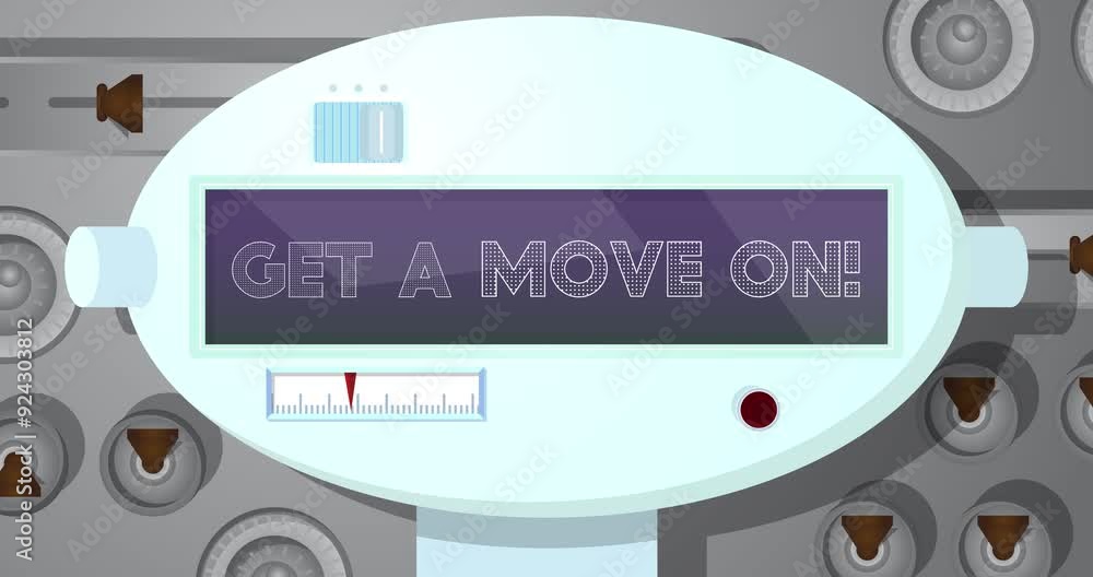 Poster robot saying get a move on! cartoon animated video. future robotics animation.