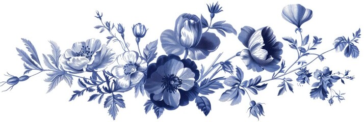 Fototapeta premium Retro blue and white floral design with small motifs