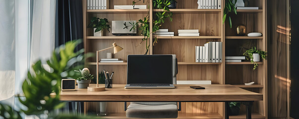 Minimalist Home Office Desk with Laptop and Plants - Realistic Image