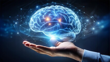 Close up of hand holding glowing digital human brain hologram on dark background 
