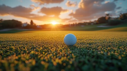 A golf ball sits perfectly on the green grass of a golf course at sunset. The golden sunlight casts a warm glow, creating a serene and scenic atmosphere, symbolizing precision, relaxation, and sport