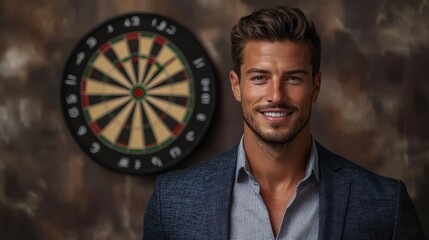 Handsome Man in Business Attire Smiling in Front of Dartboard in Stylish Modern Interior