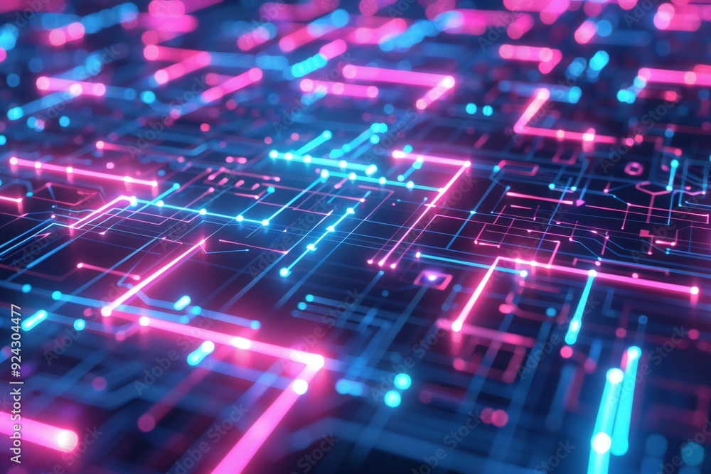 Aufkleber abstract 3d render of neon geometric shapes with glowing lines and circuits , created ai
