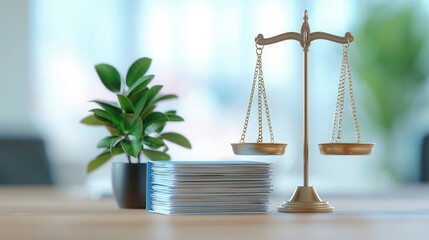 Equilibrium in workload depicted by a balanced scale with files and a plant