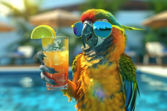 Cute 3D cartoon parrot wearing sunglasses and sipping a tropical drink by the pool,  , created ai