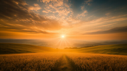 Breathtaking view of a golden sunset casting warm light over a vast wheat field and rolling hills, picturesque landscape