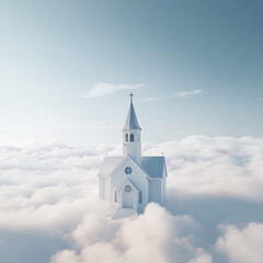 Dreamy Minimalistic Church Among Soft Clouds and Sky