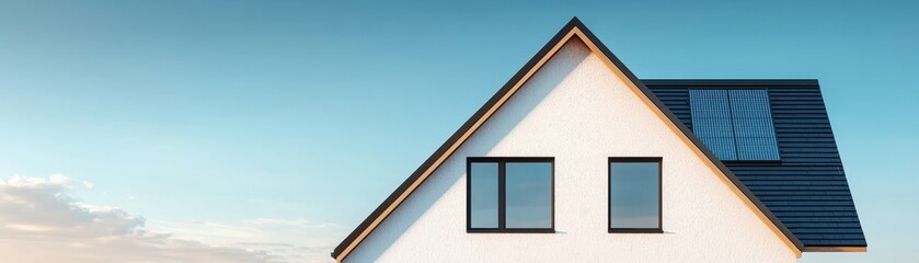 Modern house with solar panels against a clear blue sky, showcasing sustainable architecture and eco-friendly living.
