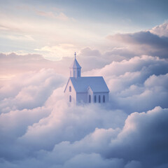 Dreamy Minimalistic Church Among Soft Clouds and Sky