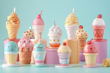 Cute cartoon style ice cream cones, different designs, 3D render , created ai