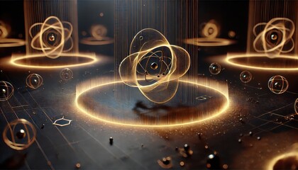 Quantum Physics Distribution in Silhouette Form with Glowing Atomic Structures on a Deep Black Background