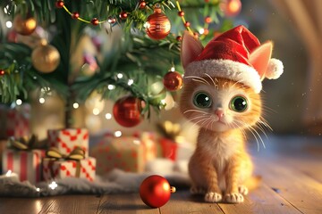 Adorable 3D cartoon cat wearing a tiny Santa hat, sitting by a decorated Christmas tree , created ai