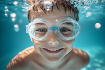 Naklejka premium A portrait of a child wearing swimming goggles having fun in a pool on summer holiday