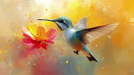 Naklejka premium hummingbird hovering near a vibrant flower, wings blurred in motion, bright daylight, delicate and lively tones