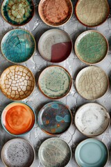 Various ceramic plates in light blue, navy blue, brown, and white displayed from a top-down view on a white background, highlighting different patterns and sizes.
