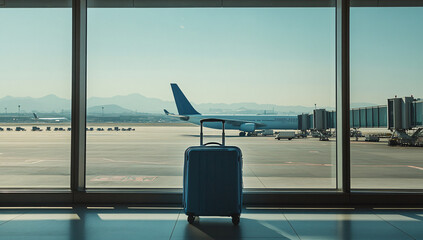 Blue suitcase at airport with airplane and mountain view.