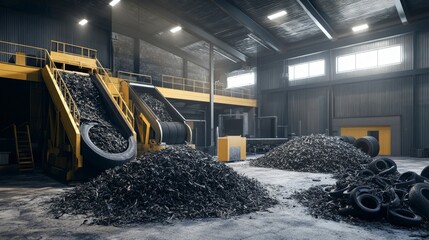 industrial shredder processing old tires for recycling, with piles of rubber pieces ready for further use, bright overhead lighting, industrial and efficient atmosphere