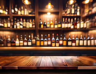elegant scene of a wooden bar counter in a modern bar setting. The counter should have a rich, polished wood finish, with a blurred background showcasing a variety of liquor bottles under warm, am