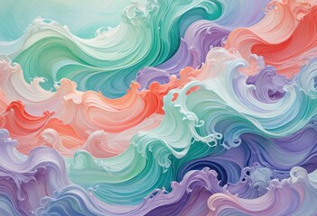 Obraz premium ethereal abstract artwork featuring soft waves and curls in a pastel color palette with prominent tones of lavender, mint green, coral, and sky blue