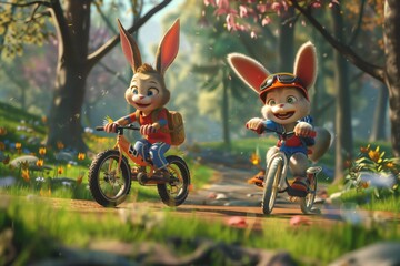 Cheerful bunny  riding bicycles in the park, 3D render , created ai