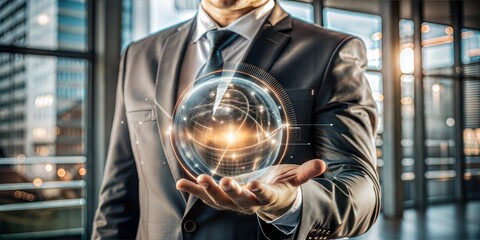 businessman holding information technology hologram in his palm