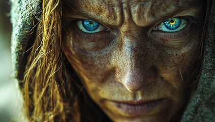 Medieval fantasy woman with glowing eye and hooded cloak.