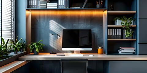 Modern Home Office Desk with Built-in Shelves and Plants - 3D Illustration