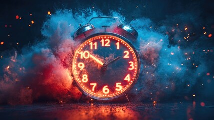 New Yearâ€™s countdown clock, illuminated and ready to strike midnight, bright lights, exciting and anticipatory atmosphere