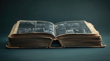 Obraz premium old photo album, pages filled with black and white photographs, soft ambient lighting, nostalgic and sentimental atmosphere