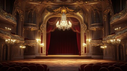 Fototapeta premium ornate, empty opera house interior, with a grand chandelier, velvet seats, and intricate details, soft ambient lighting, elegant and dramatic tones