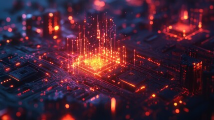 Fototapeta premium Glowing Red Circuit Board with Data Flow