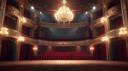 ornate, empty opera house interior, with a grand chandelier, velvet seats, and intricate details, soft ambient lighting, elegant and dramatic tones
