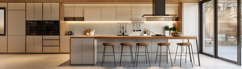 Modern Kitchen Island with Wooden Countertop and Black Metal Stools - 3D Illustration