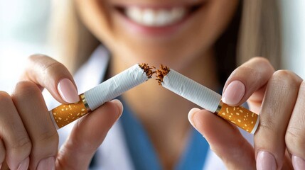 Breaking free from addiction, doctor smashing a cigarette.