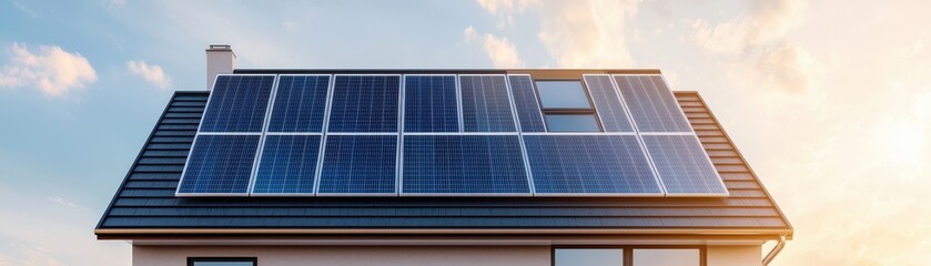 Fototapeta premium Modern house with solar panels on the roof, capturing sunlight for sustainable energy on a sunny day.