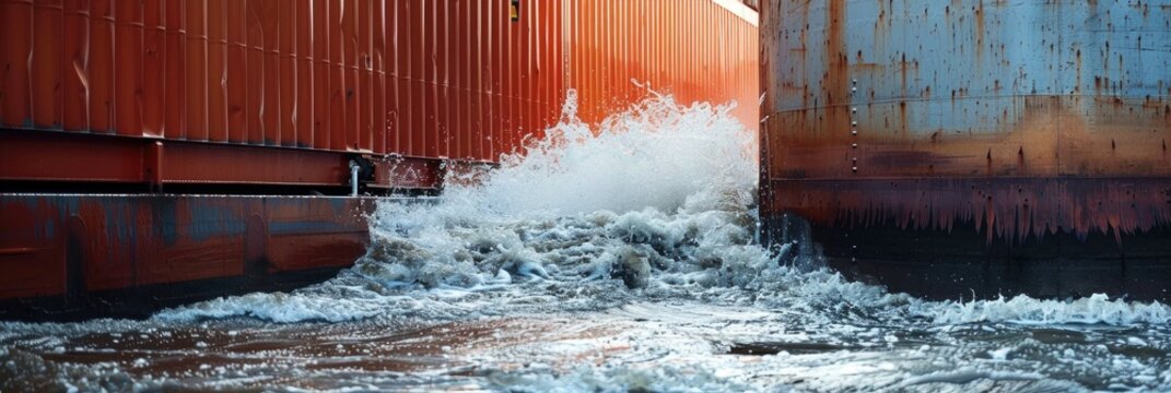 Discharge of bilge water from the side of a cargo ship.