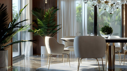 Modern Dining Room Interior with Gold Accents and White Chairs - 3D Illustration