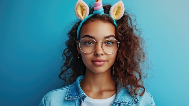 person wearing a unicorn headband, giving a deadpan look, bright daylight, whimsical and fun atmosphere