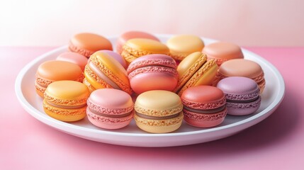 Obraz premium plate of colorful macarons, neatly arranged, bright overhead lighting, playful and elegant tones