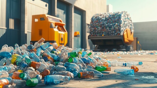 pile of plastic bottles ready for recycling, with a large baler machine in the background, bright daylight, organized and efficient atmosphere