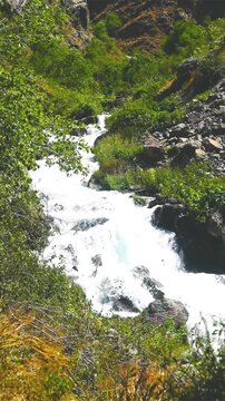 The flow of a cold turbulent mountain river down a gorge with white water saturated with air and oxygen bubbles. Stock vertical video stylized as outdated video formats in the early 2000s