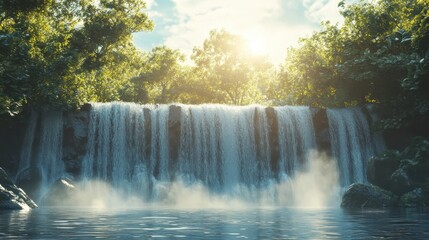 Tranquil Waterfall in Lush Green Forest