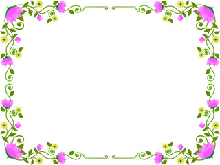 Obraz premium Spring flowering frame branches, Border of spiral pink flowers with leaves