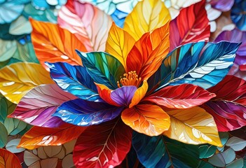 an artwork depicting colorful, translucent layers that resemble flower petals, forming a bright, floral mosaic