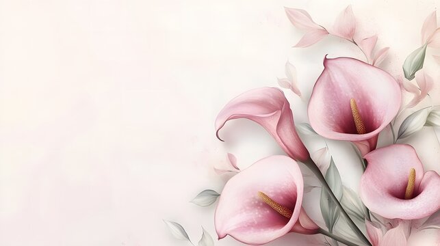 Three pink calla lilies with delicate leaves on a white background. Perfect for quotes, and greeting cards.