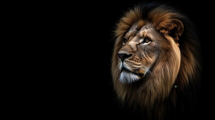 Naklejka premium Majestic Lion Portrait Against Black Background