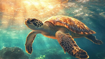 Fototapeta premium sea turtle swimming gracefully in the ocean, bright sunlight filtering through the water, serene and ancient atmosphere