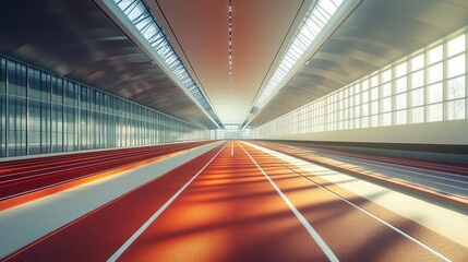 smart running track, with integrated timing and performance sensors, bright daylight, modern and precise atmosphere