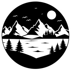 landscape isolated on white, landscape vector illustration, mountain vector art, landscape silhouette, boat in the sea vector icon, landscape cartoon line art, eps