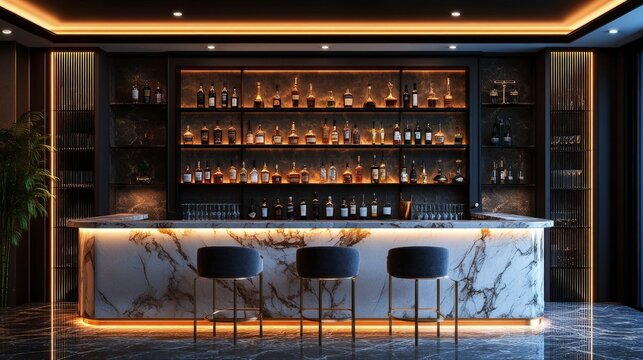 sophisticated home bar with a marble countertop, glass shelves stocked with bottles, and stylish bar stools, soft ambient lighting, luxurious and inviting tones
